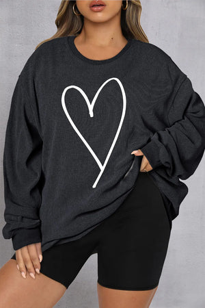 Black ribbed crewneck sweatshirt with white heart outline detail