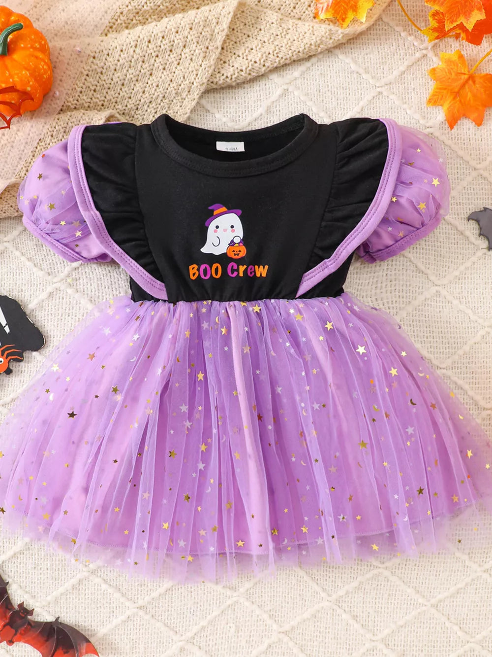 lavender A-line dress featuring mesh and graphic