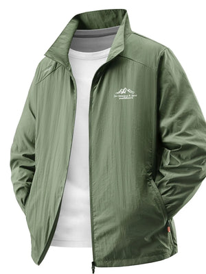 Military green lightweight windbreaker jacket with embroidered mountain logo and zip closure.