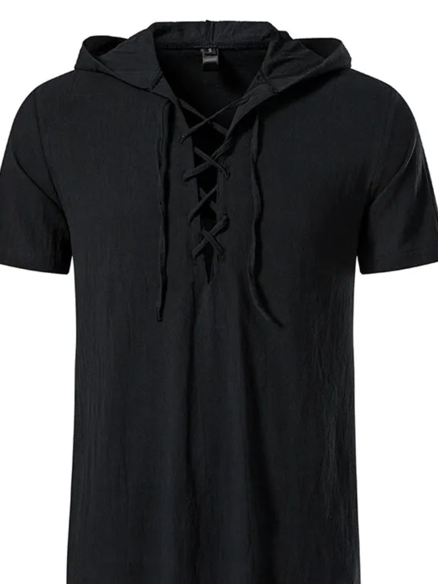 Men's black short sleeve hooded top with lace-up neckline