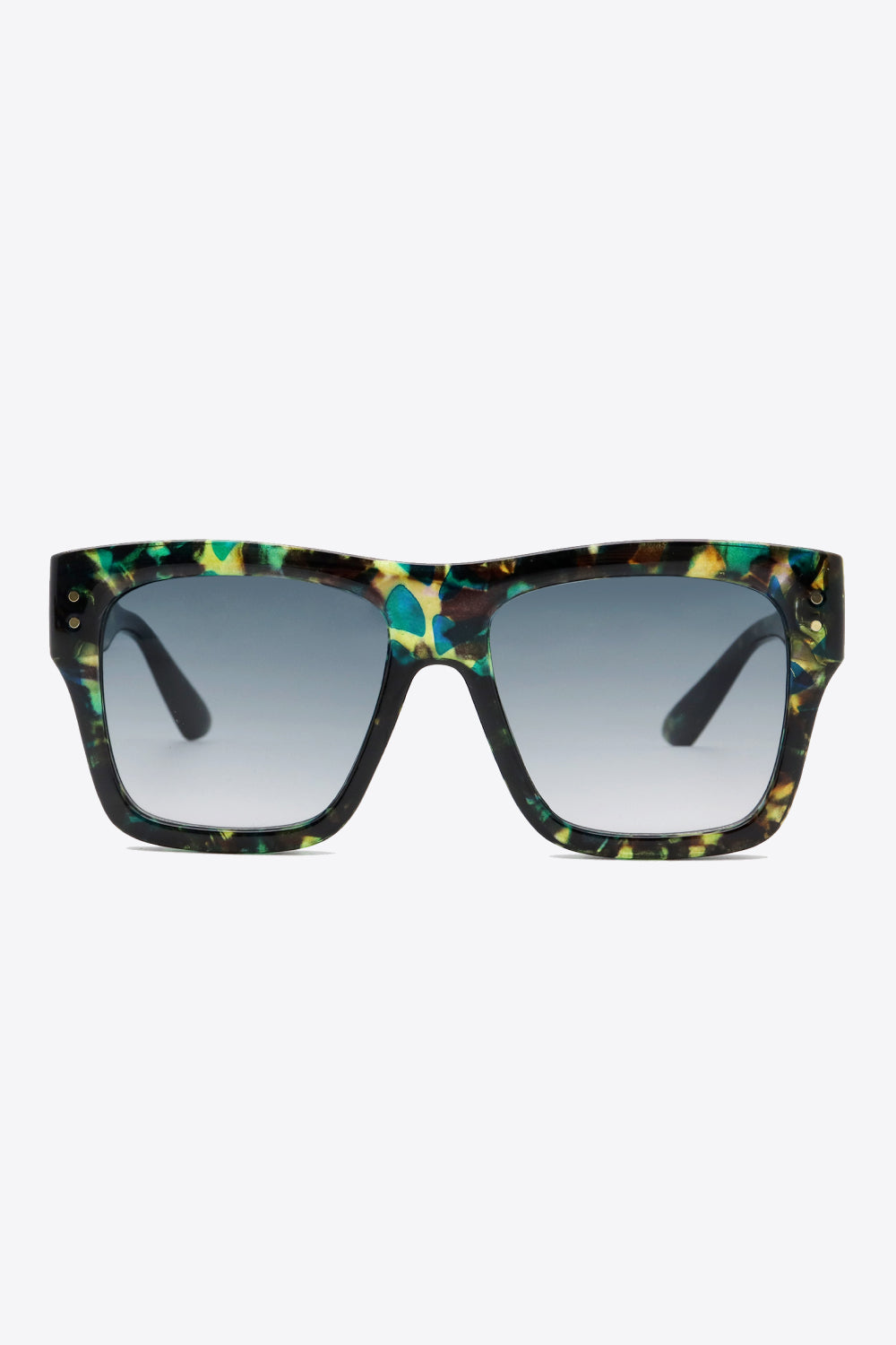 Prismatic square frame sunglasses with a multicolor tortoise shell pattern and gradient lenses.