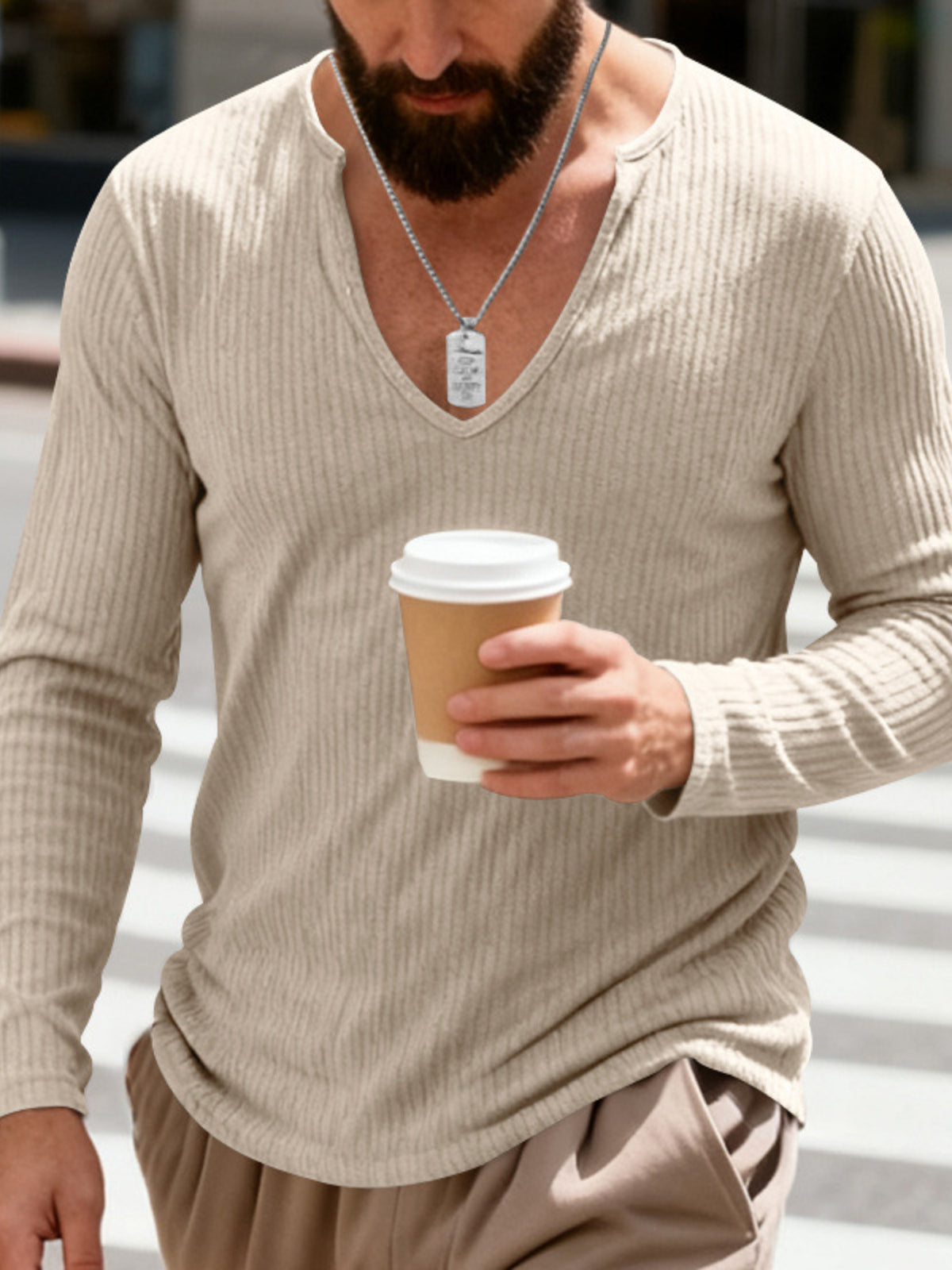 Men's ribbed long sleeve t-shirt in Khaki with a deep V-neck.