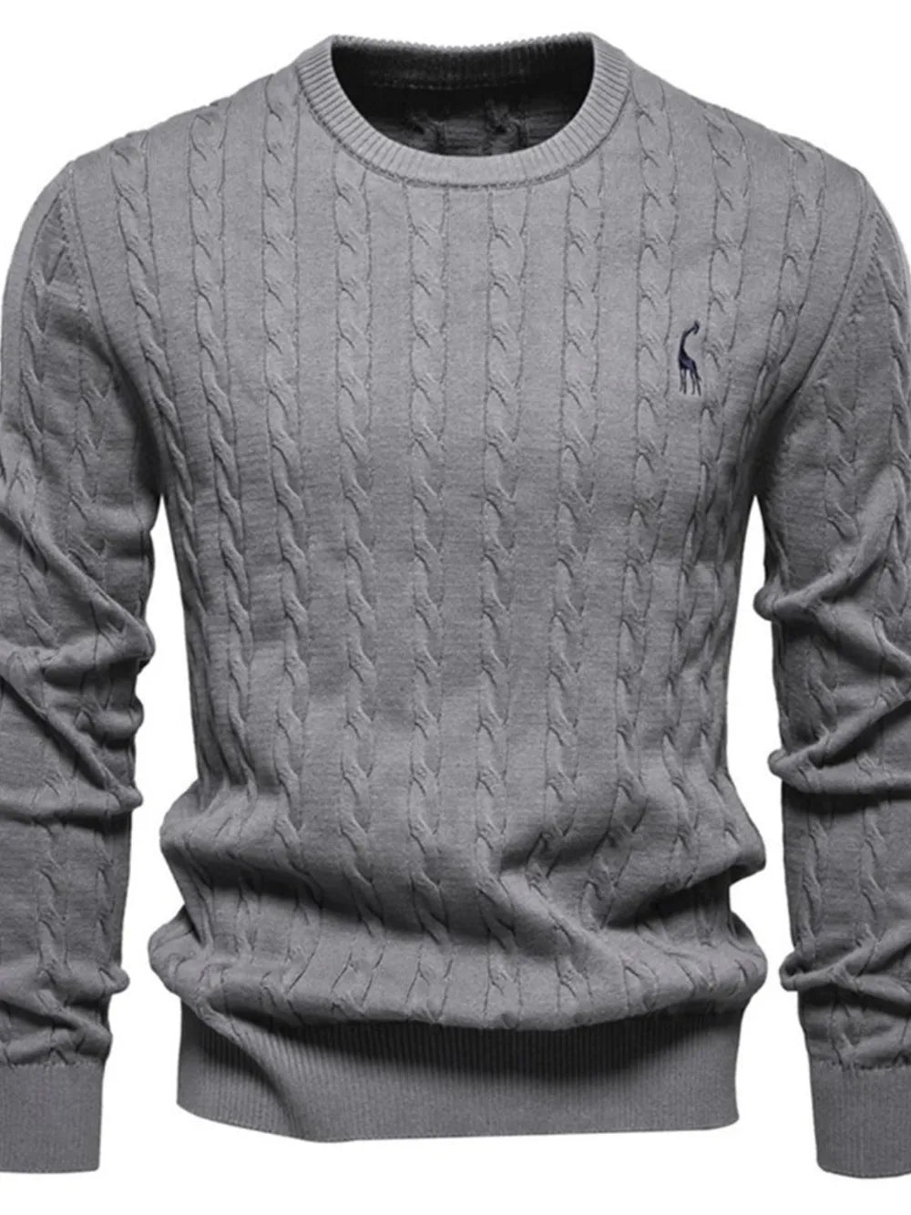 Gray cable knit crewneck sweater with embroidered detail
