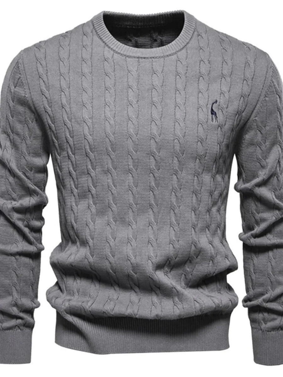 Gray cable knit crewneck sweater with embroidered detail