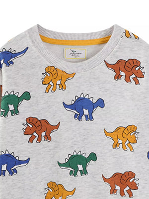Baby crew neck sweatshirt in light gray with a colorful dinosaur print.