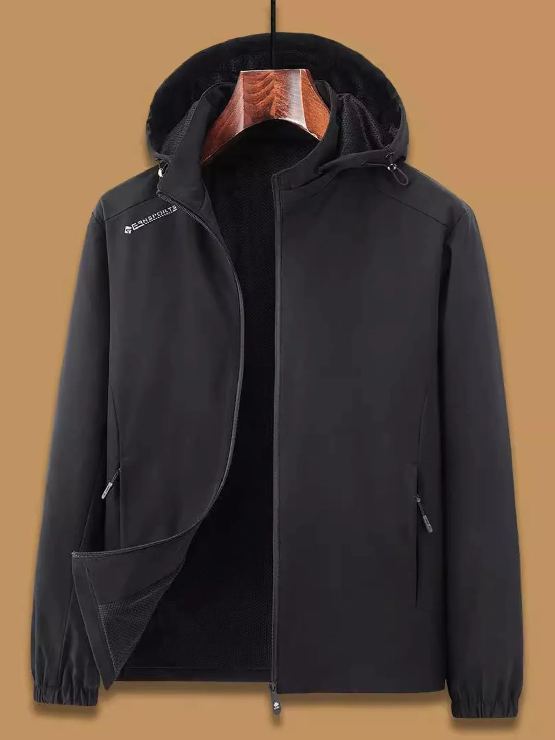 Black hooded windbreaker jacket with zippered pockets and subtle chest logo