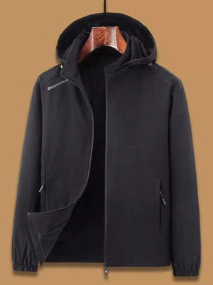 Black hooded windbreaker jacket with zippered pockets and subtle chest logo