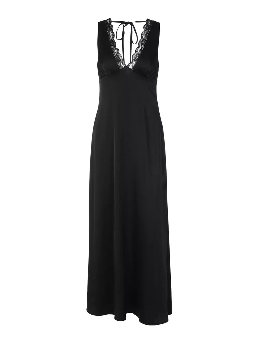 Black lace-trimmed sleeveless maxi gown with V-neck and tie back