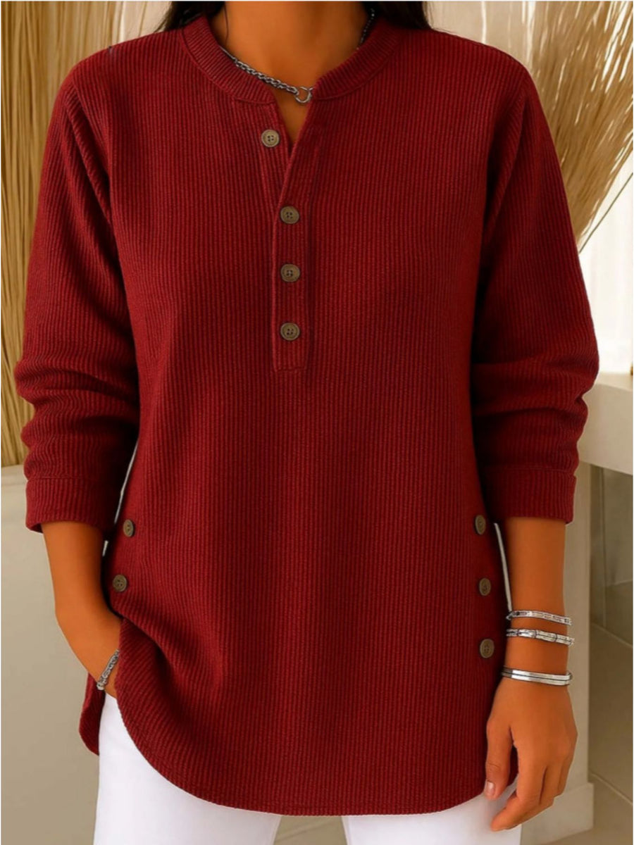 henley in burgundy featuring half-button placket and relaxed fit