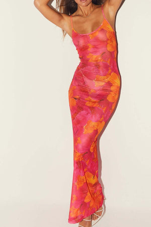 Pink and orange floral print mesh maxi dress with spaghetti straps