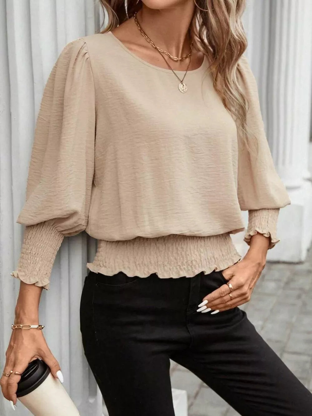 Khaki Puff Sleeve Smocked Blouse