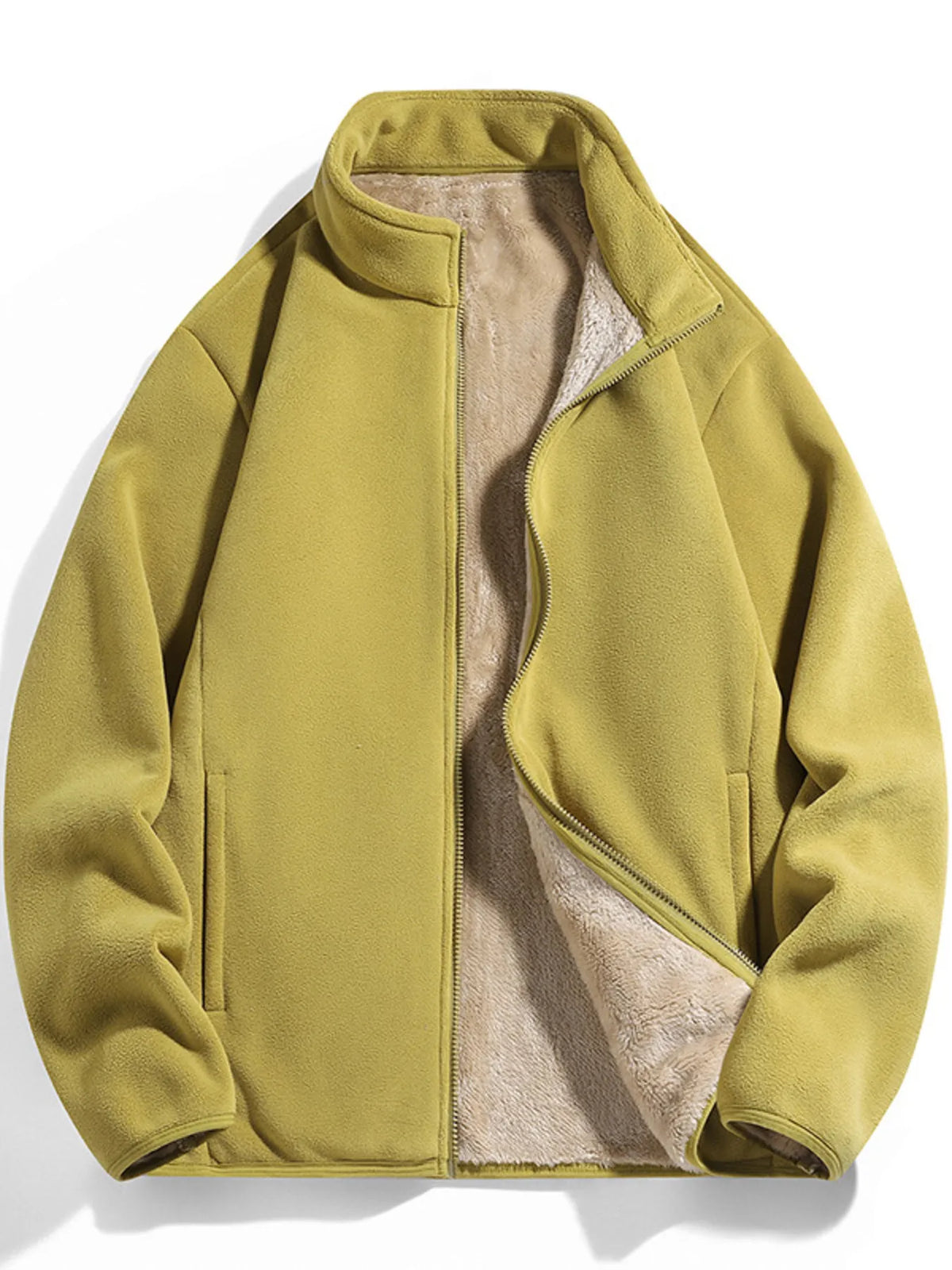 Fleece lined zip-up jacket in Mustard Yellow with a stand collar and full zip closure.