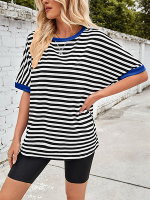 Striped Breton tee with royal blue trim and neckline, short sleeves.