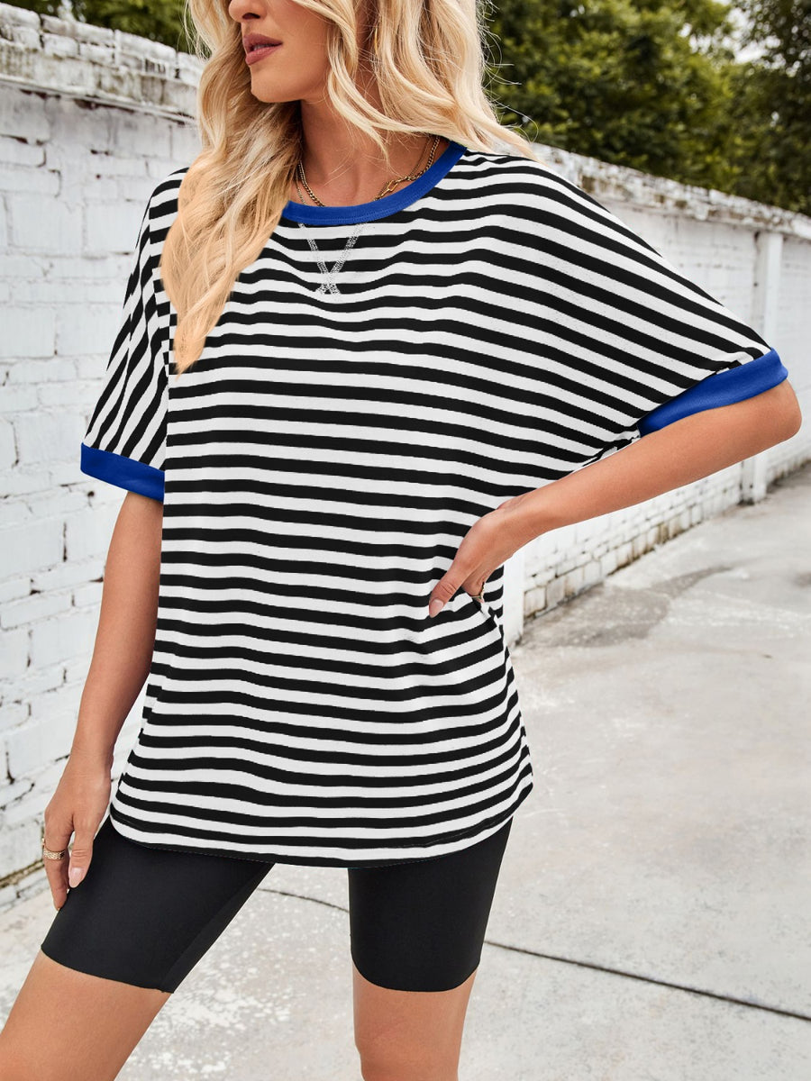 Striped Breton tee with royal blue trim and neckline, short sleeves.