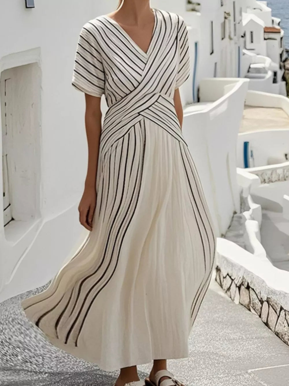 Beige Full Size Striped Short Sleeve Wrap Maxi Dress