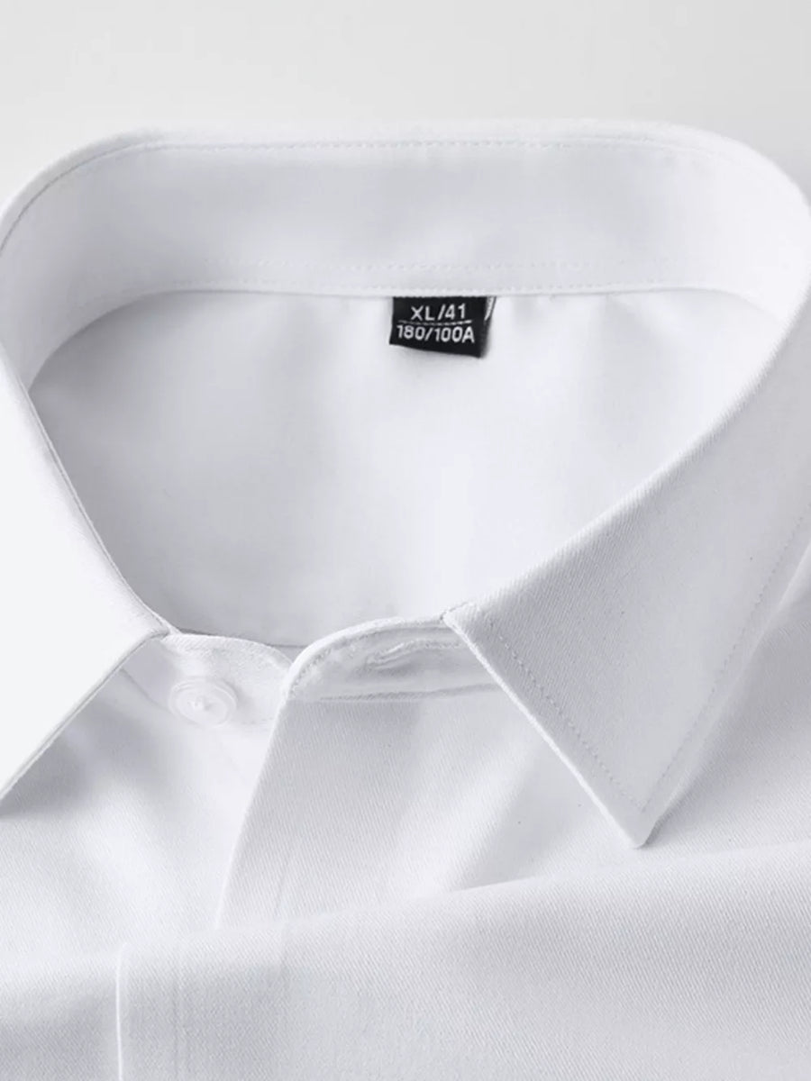 White men's long sleeve shirt with button collar detail and size tag.