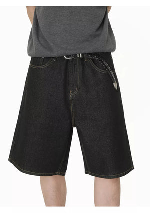 Men's black cotton denim shorts with a braided belt and yellow stitching.