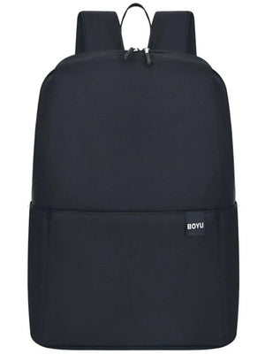 Black textured backpack with minimalist design and front pocket detail.