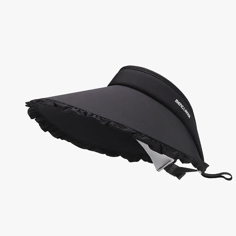 Black ruffled visor with adjustable drawcord and mesh detail