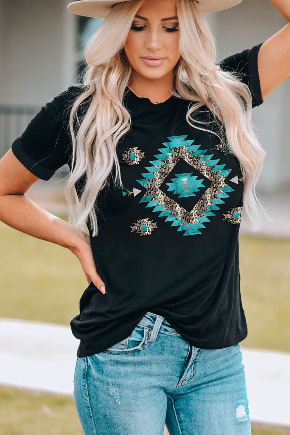Black crew neck tee with Aztec geo print and leopard accents