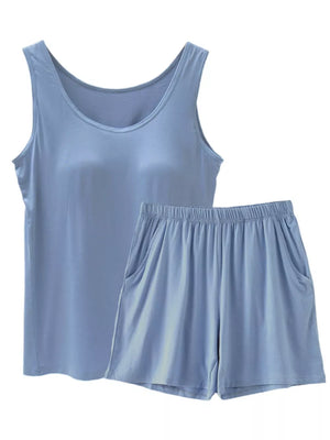 Light blue relaxed padded tank top and shorts set with pockets.