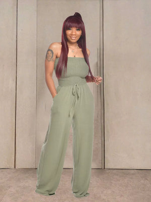 Olive green smocked strapless wide-leg jumpsuit with drawstring waist