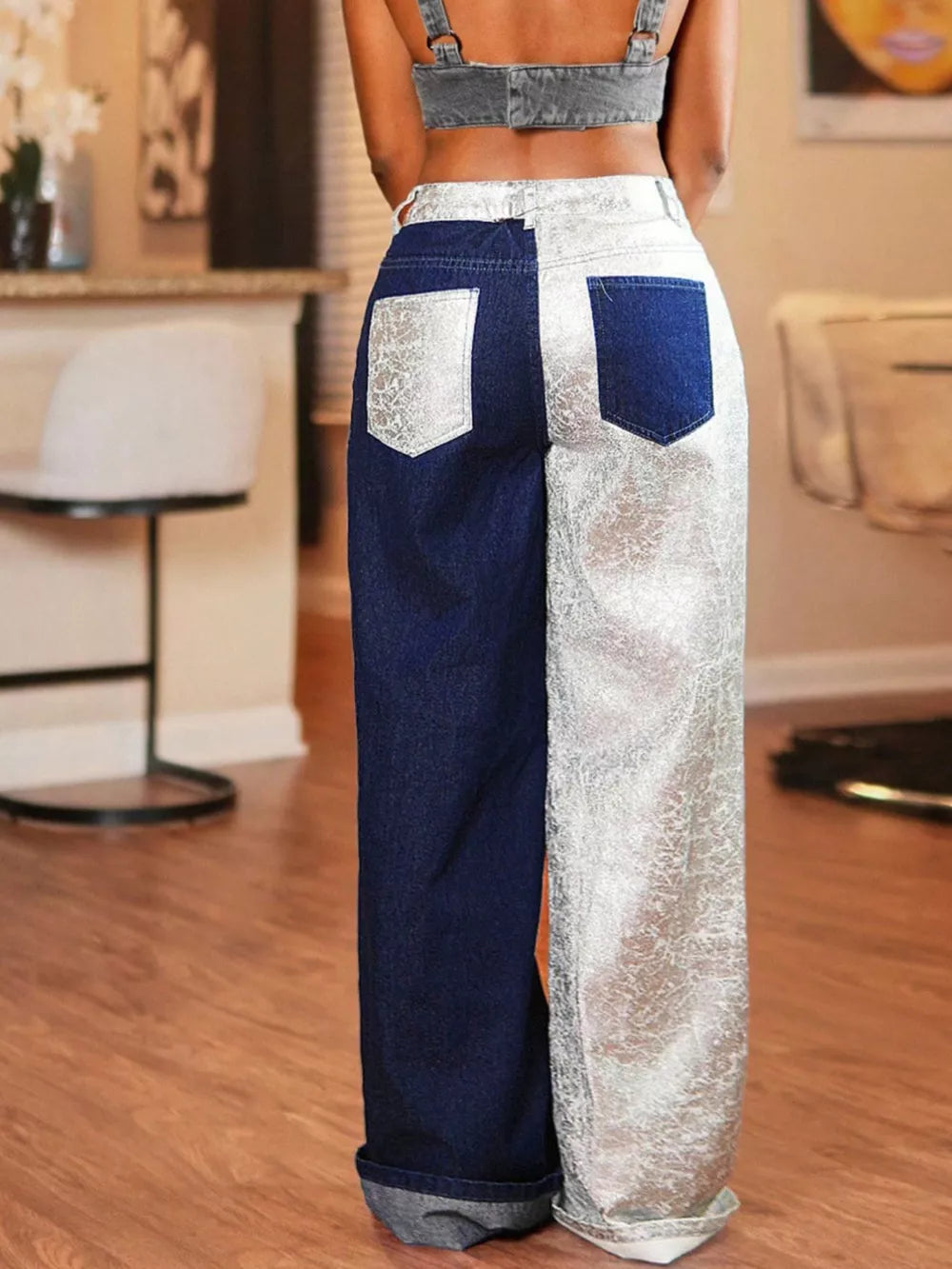 dark blue wide-leg jeans with full-length and button-front