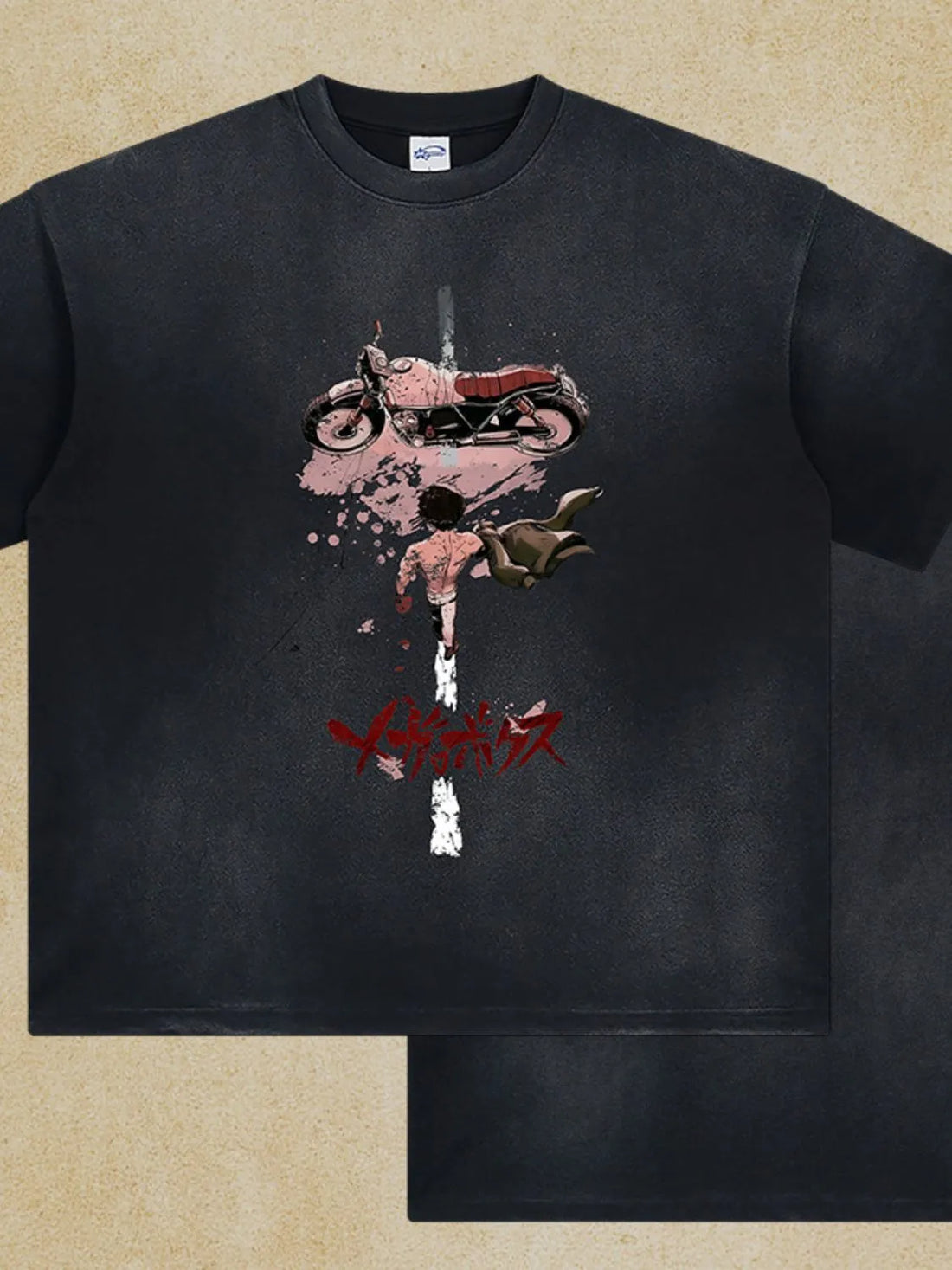 Black graphic oversized washed tee with Akira motorcycle and character print.
