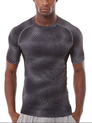 Men's dark gray snake print compression t-shirt with crew neck and short sleeves.
