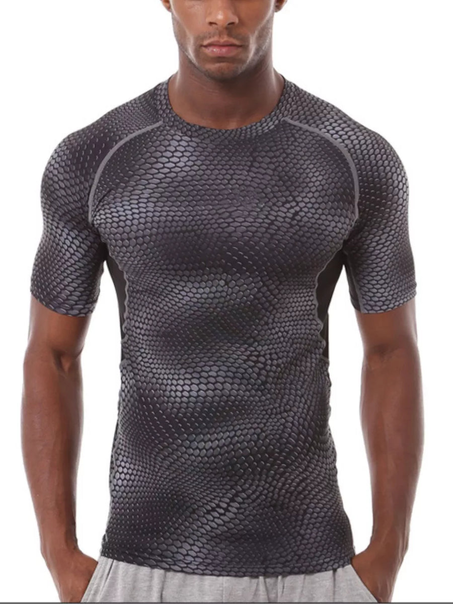 Men's dark gray snake print compression t-shirt with crew neck and short sleeves.