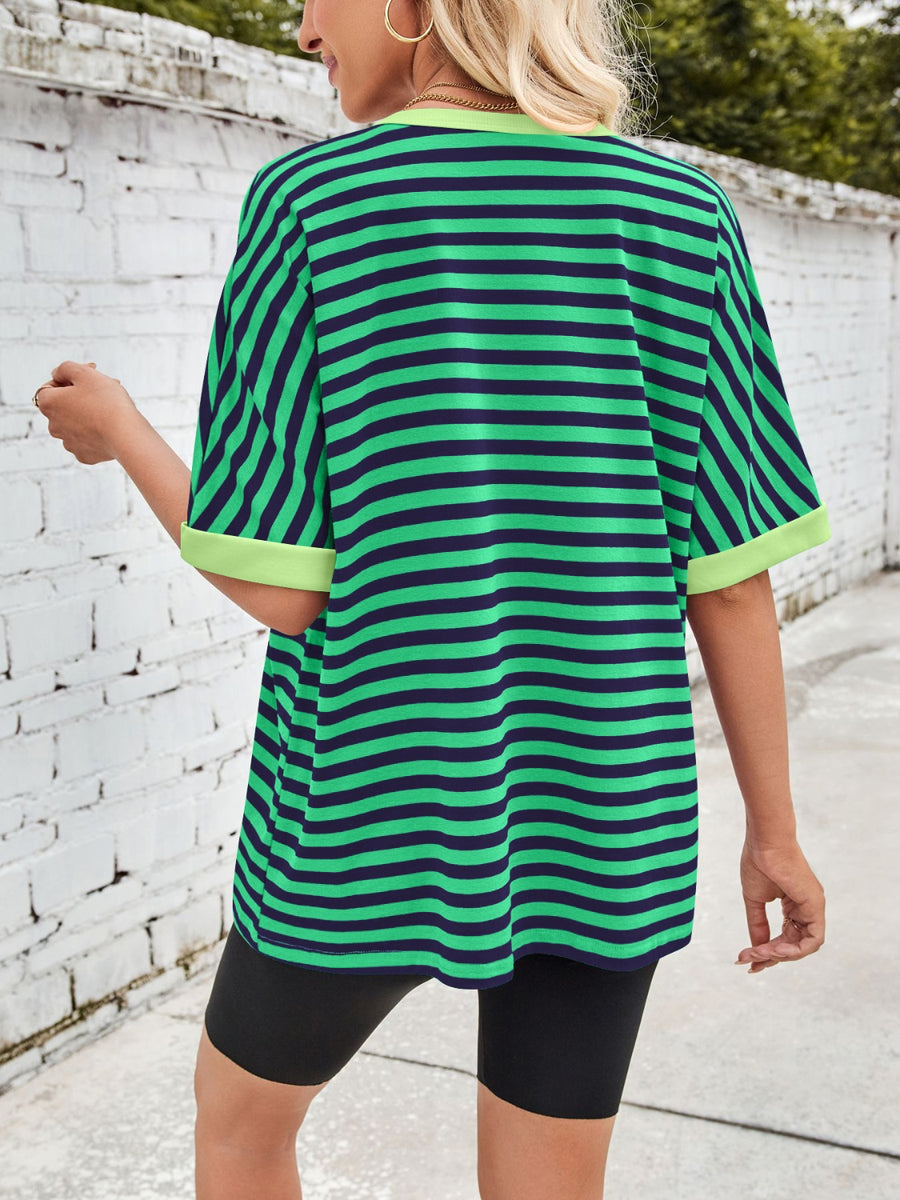 Green and navy striped Breton tee with lemon trim and short sleeves.