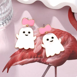 Playful white ghost dangle earrings with pink bows, 18k gold plated.