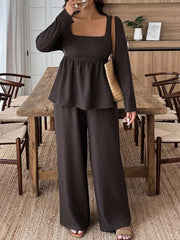 Dark brown ruched square neck peplum top and wide-leg pants set.