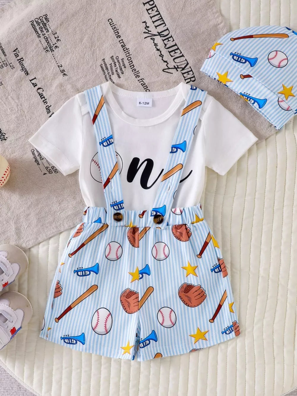 White Children's Baseball Bodysuit And Suspender Set