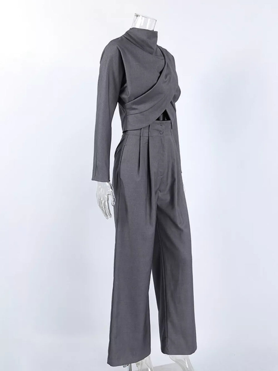 two-piece set in Gray with tied and cropped