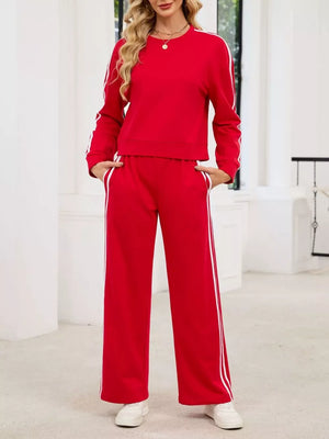 Striped Round Neck Sweatshirt And Pants Set in Black, view 13
