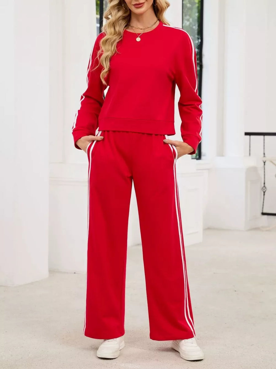 Striped Round Neck Sweatshirt And Pants Set in Black, view 13