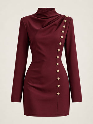 Decorative Button Mock Neck Mini Dress Plus Size in Burgundy with decorative buttons