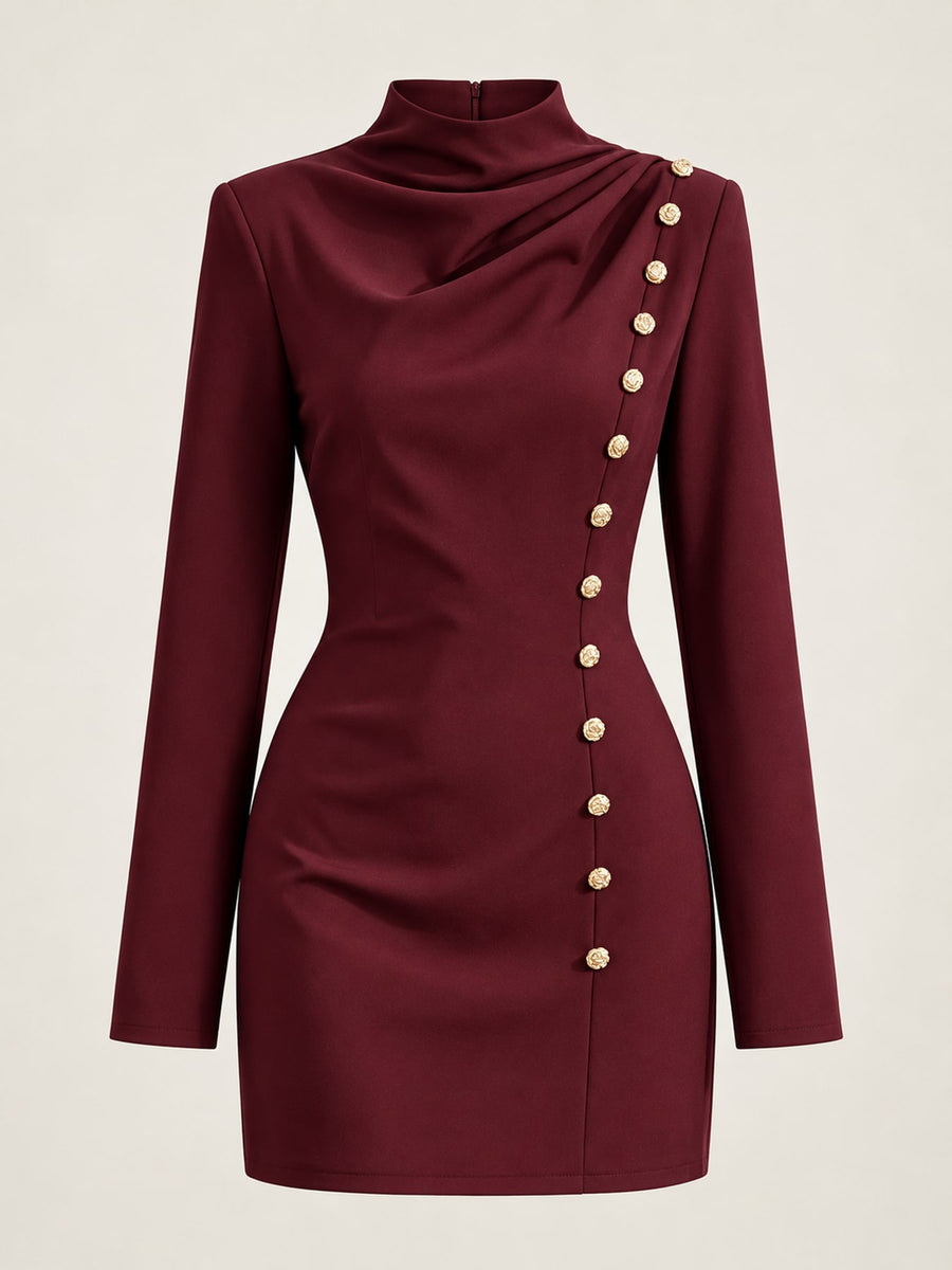 Decorative Button Mock Neck Mini Dress Plus Size in Burgundy with decorative buttons