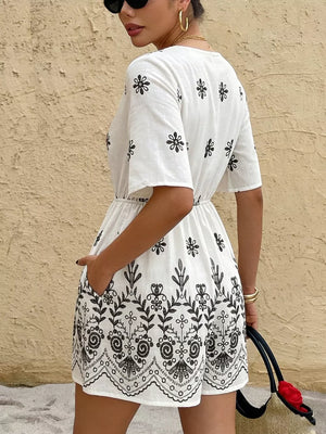 White with Printed Surplice Half Sleeve Romper