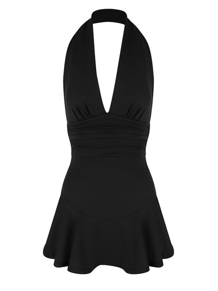 Black halter dress with plunging V-neck, ruched waist, and ruffle hem