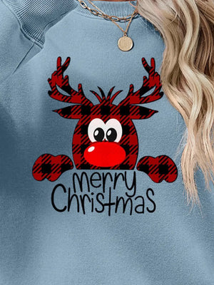 Crewneck sweatshirt in Air Force Blue with plaid reindeer graphic and Merry Christmas text.