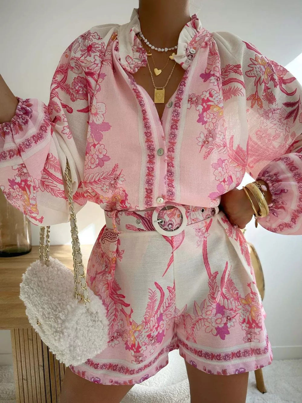 blush pink two-piece set with floral and collared