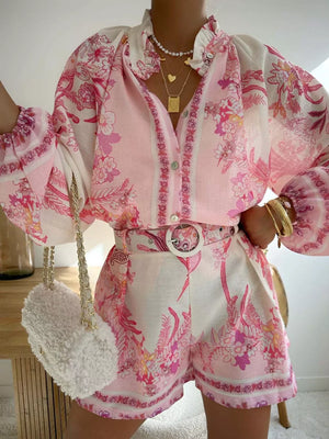 blush pink two-piece set with floral and collared