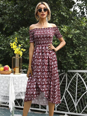 Floral off-shoulder midi dress in burgundy with smocked bodice and high-low hem.