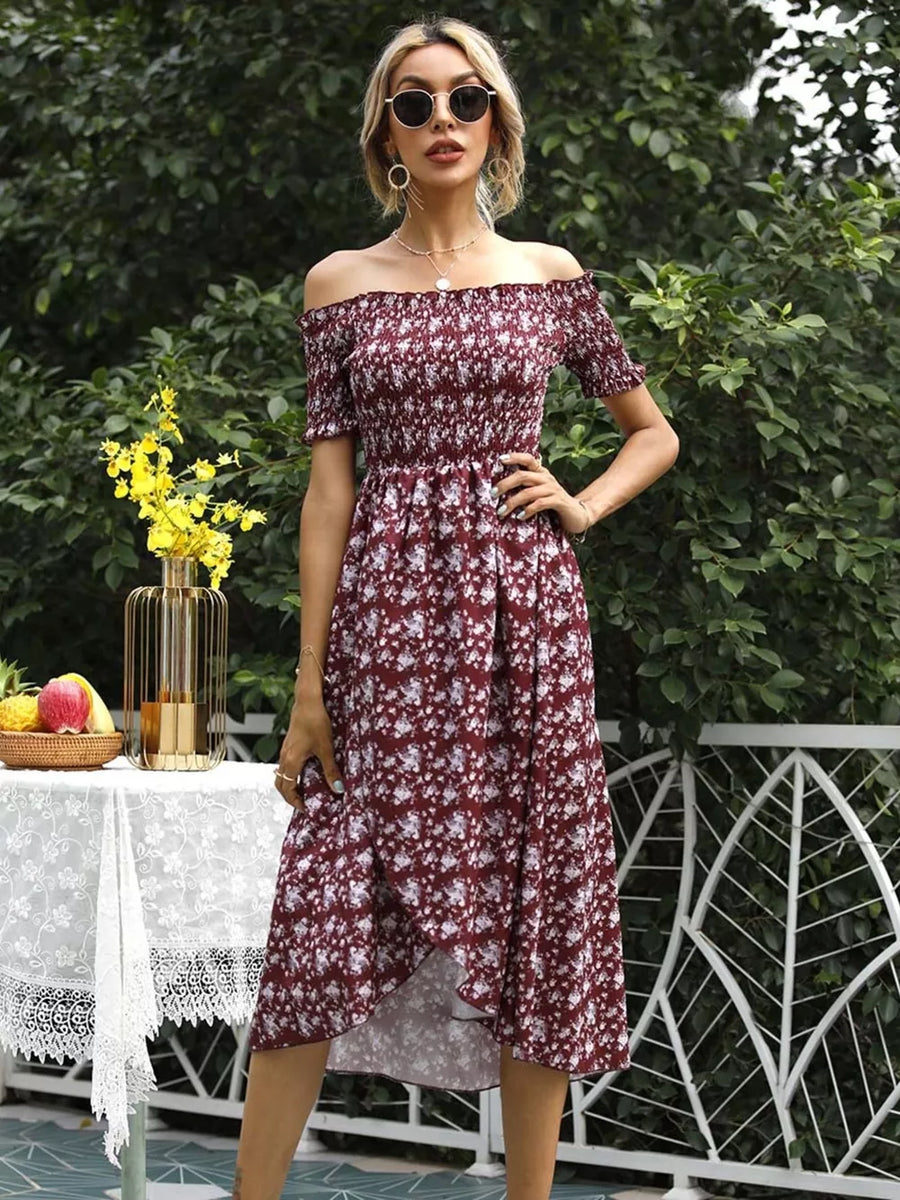 Floral off-shoulder midi dress in burgundy with smocked bodice and high-low hem.