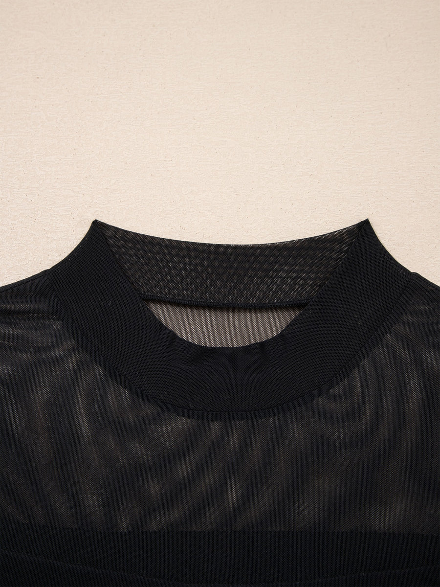 Black sheer mesh t-shirt with mock neck and cap sleeves.