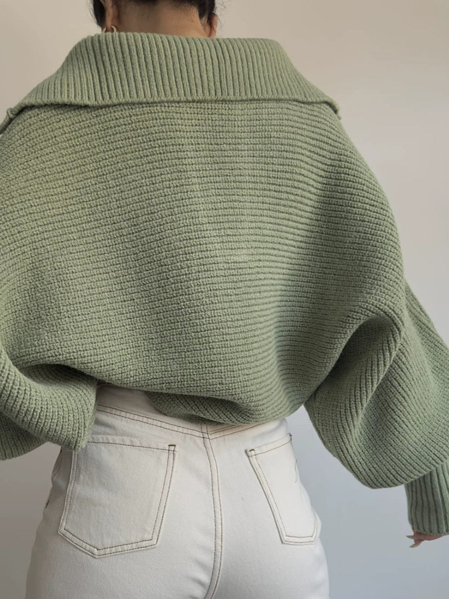 Army green knit sweater with wide collar and balloon sleeves.