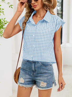 Plaid Button Up Cap Sleeve Shirt in Red