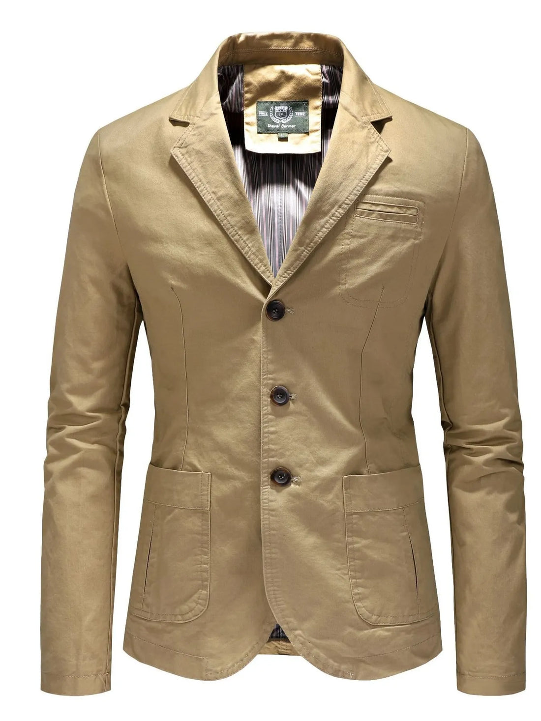 Khaki cotton casual button-up blazer with two front flap pockets and a chest pocket.